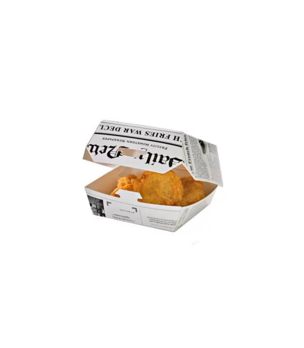 Boîte burger carton blanc décor journal H50mm <br><span>Vendu par: 500 (50x10) pièces</span><br><span class="prix">57.64 €</span>