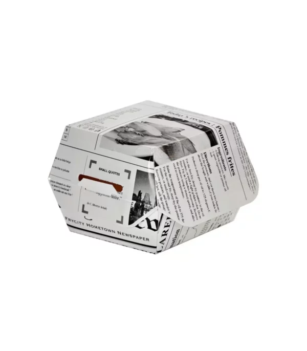Boîte burger carton blanc décor journal H50mm <br><span>Vendu par: 500 (50x10) pièces</span><br><span class="prix">38.76 €</span>