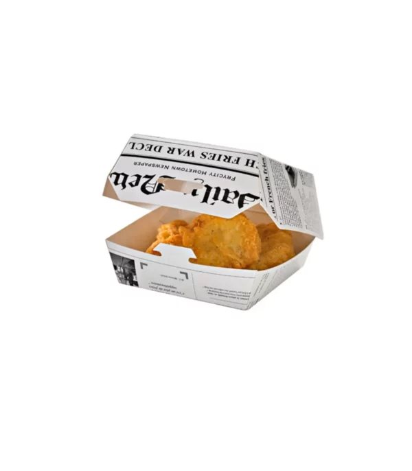 Boîte burger carton blanc décor journal H65mm <br><span>Vendu par: 500 (50x10) pièces</span><br><span class="prix">93.20 €</span>